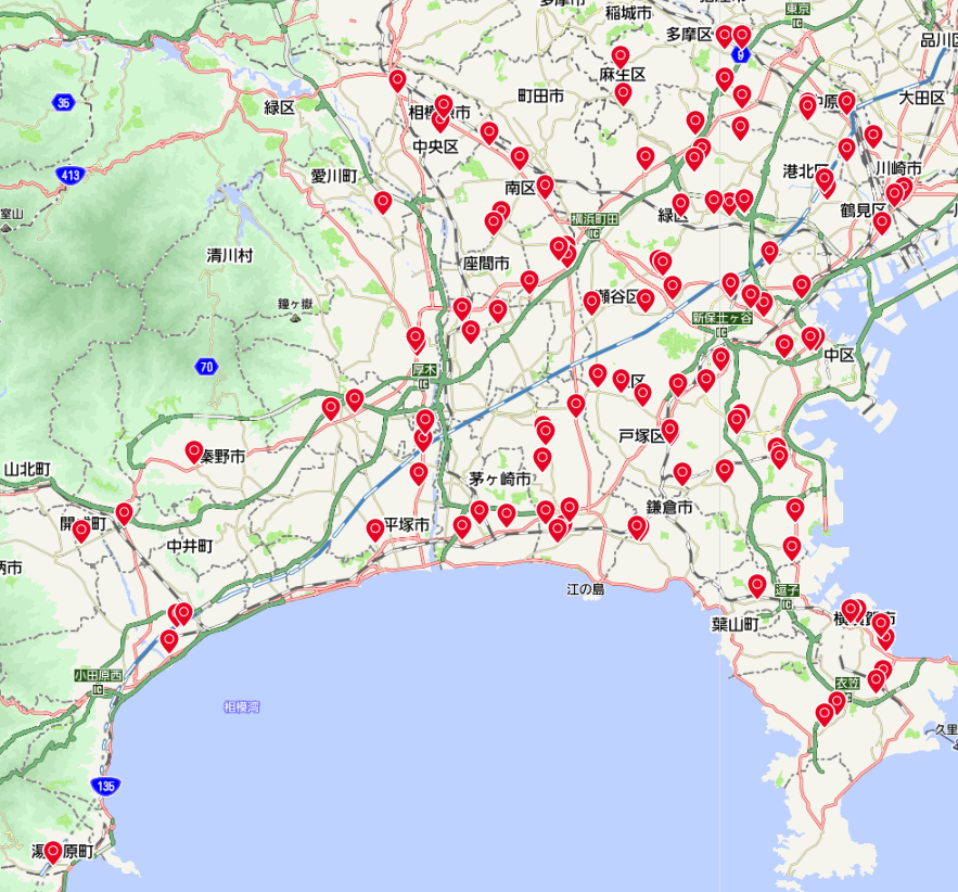 トヨタモビリティ神奈川 県下105店舗の展開マップ