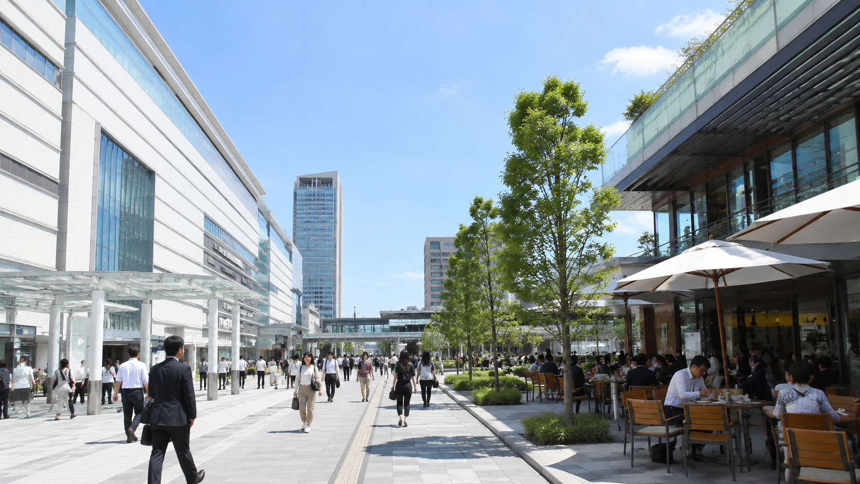 ランチ利用をイメージした、横浜駅周辺の明るい都市散歩道とテラス席の風景