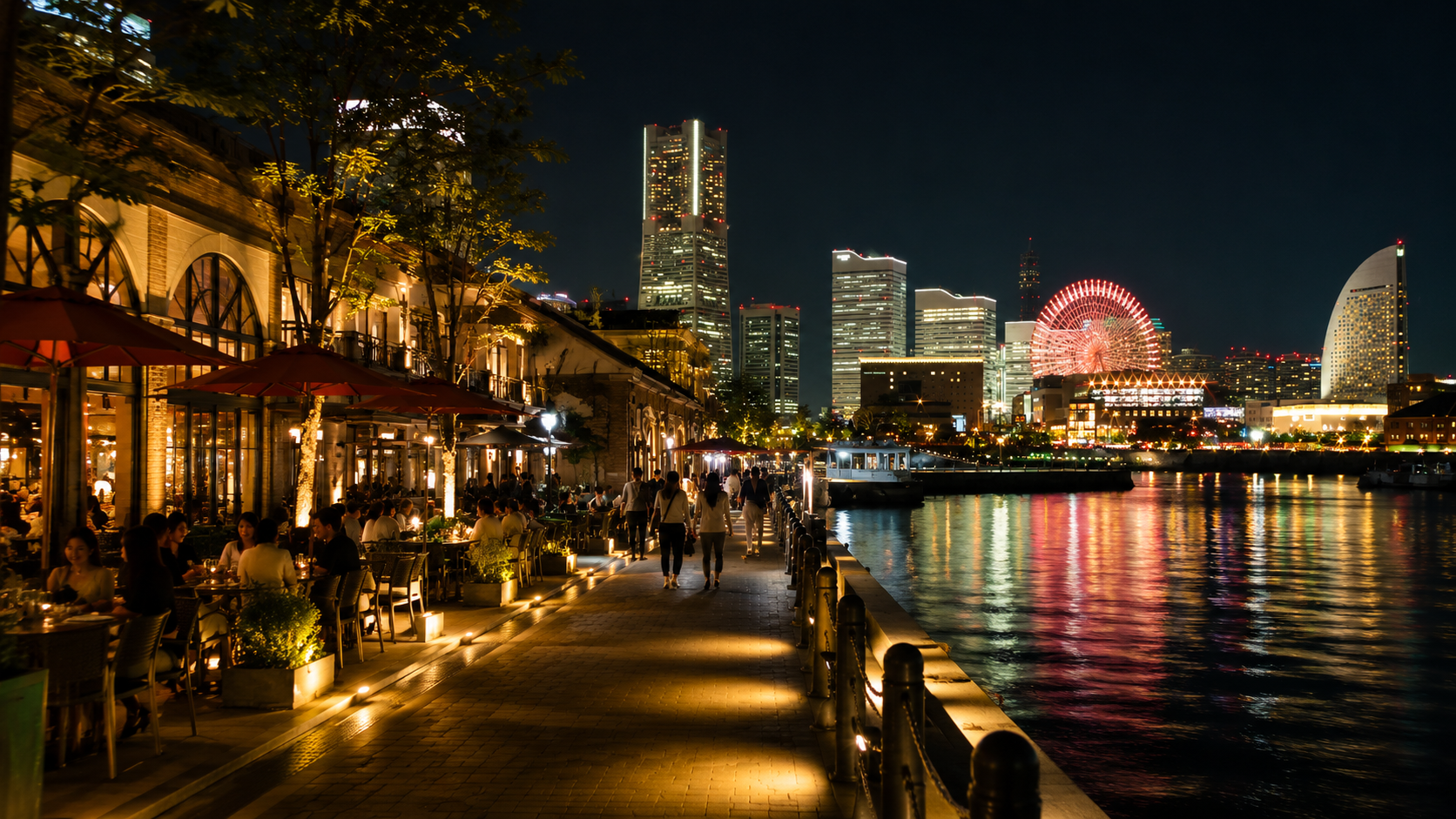 夜の食事利用をイメージした、みなとみらいの水辺とレストランテラスの夜景