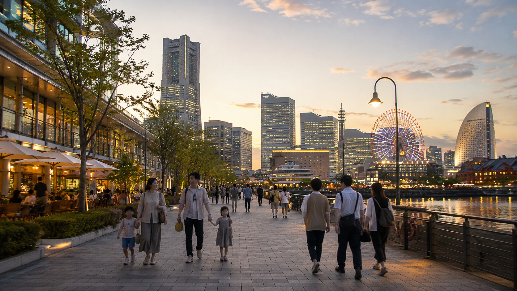家族や仲間での利用をイメージした、夕暮れのみなとみらい水辺散歩道の風景