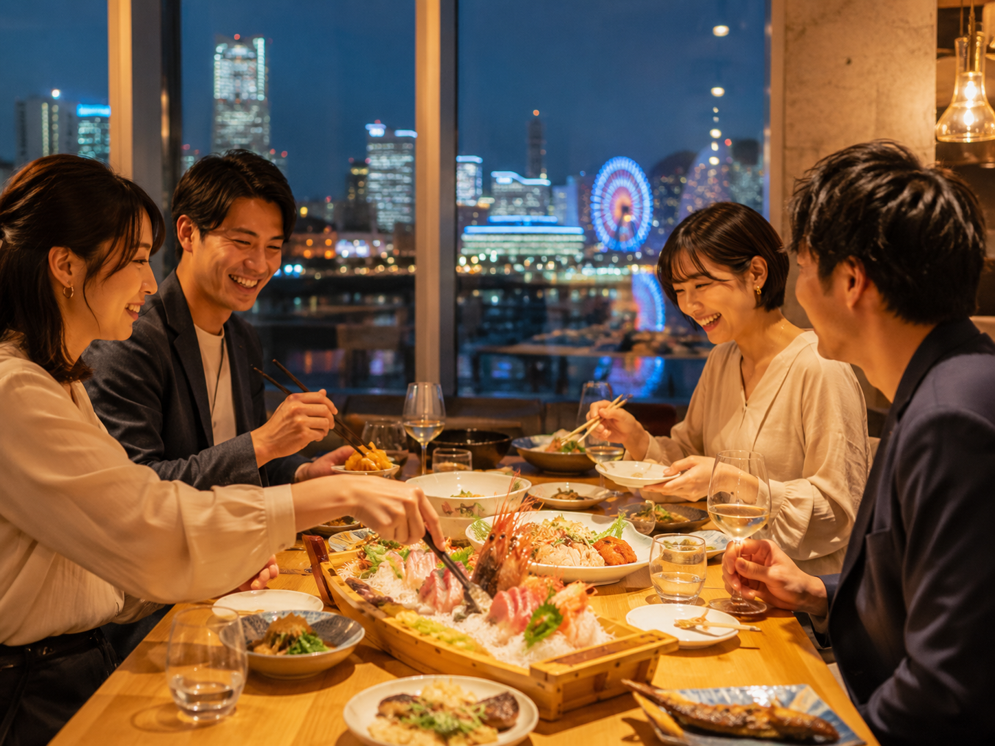 みなとみらい・桜木町周辺で家族や仲間と食事するイメージ