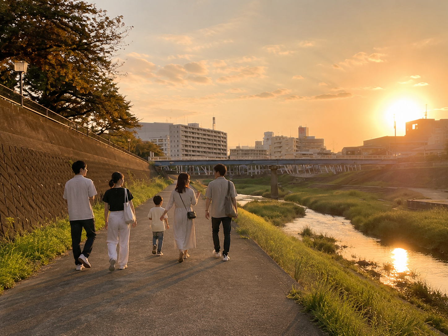 鶴見川周辺の夕方に家族や仲間と食事へ向かう雰囲気のイメージ写真