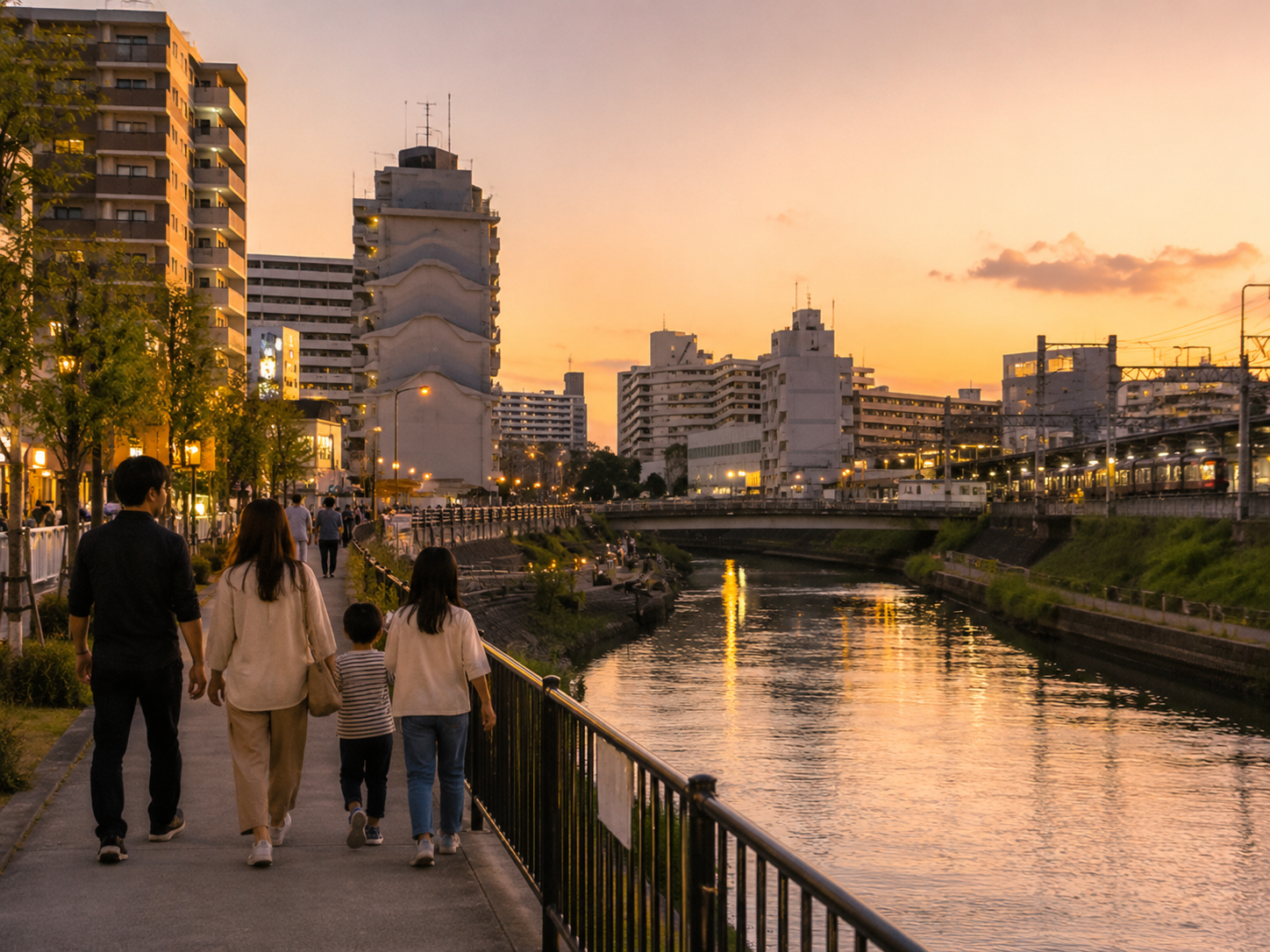 星川駅周辺や帷子川沿いの夕方に食事へ向かう雰囲気を表現したイメージ画像